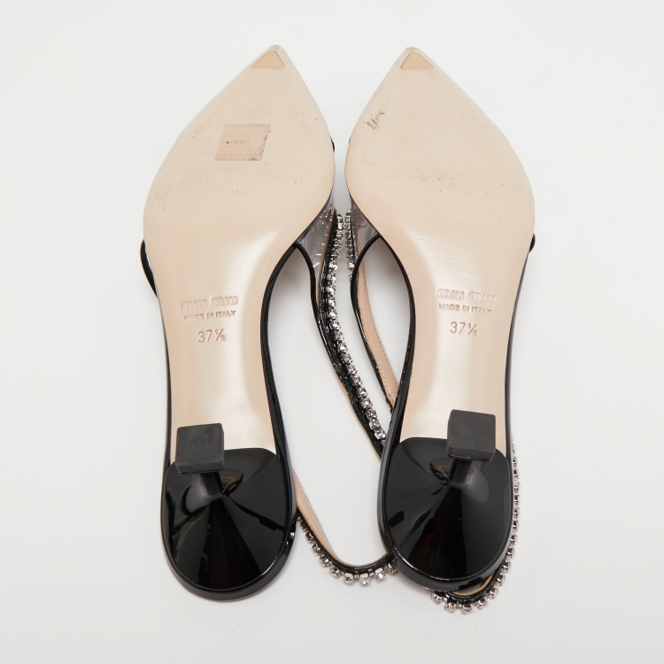 مملوكة مسبقًا Miu Miu Black Patent Leather and PVC Crystal Embellished Slingback Pumps Size 37.5