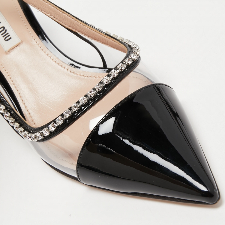 مملوكة مسبقًا Miu Miu Black Patent Leather and PVC Crystal Embellished Slingback Pumps Size 37.5