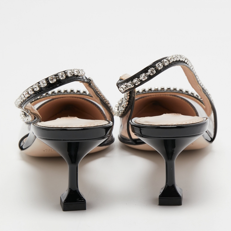 مملوكة مسبقًا Miu Miu Black Patent Leather and PVC Crystal Embellished Slingback Pumps Size 37.5