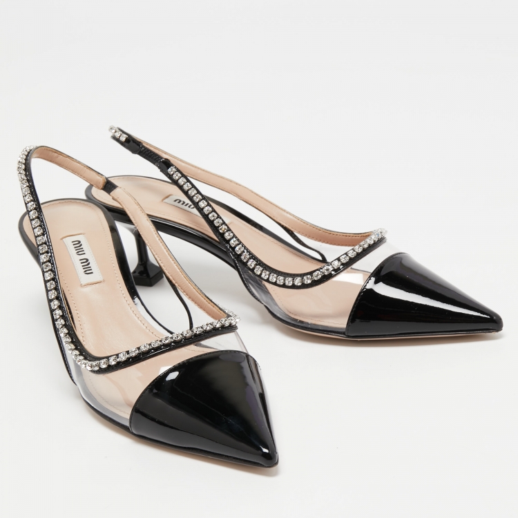 مملوكة مسبقًا Miu Miu Black Patent Leather and PVC Crystal Embellished Slingback Pumps Size 37.5