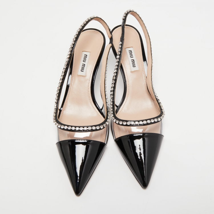 مملوكة مسبقًا Miu Miu Black Patent Leather and PVC Crystal Embellished Slingback Pumps Size 37.5