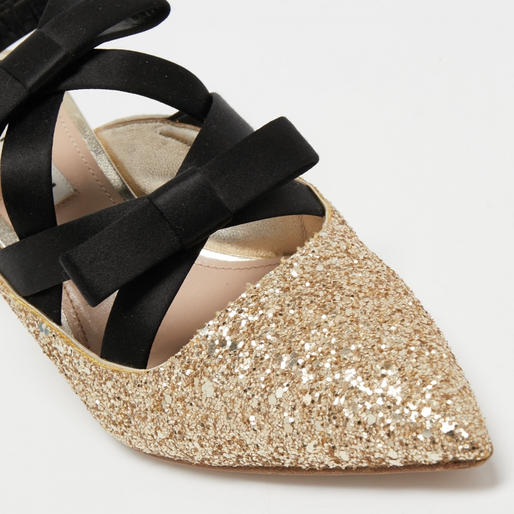 Pre Owned Miu Miu Metallic Gold Glitter Bows Slingback Pumps Size 37.5