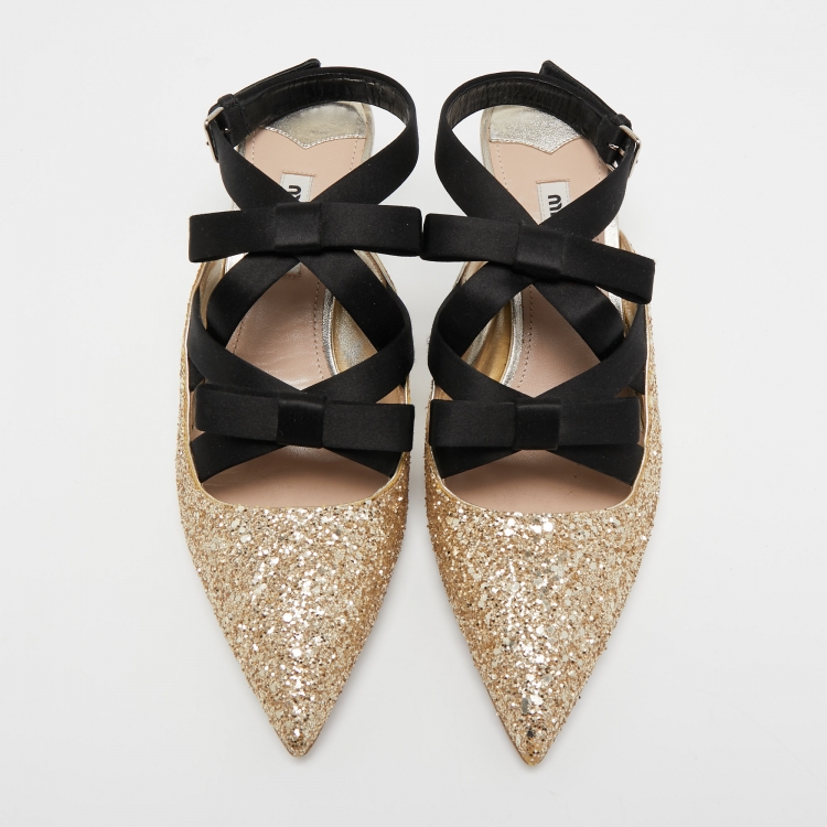 Pre Owned Miu Miu Metallic Gold Glitter Bows Slingback Pumps Size 37.5