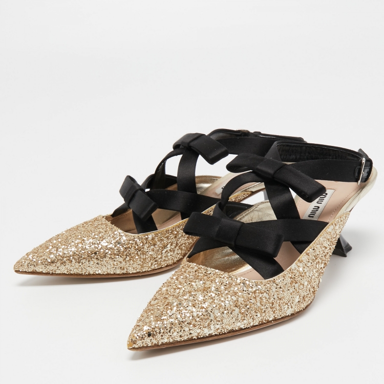 Pre Owned Miu Miu Metallic Gold Glitter Bows Slingback Pumps Size 37.5