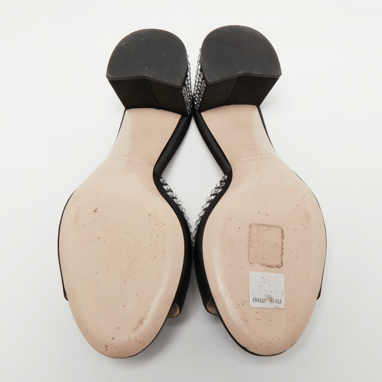 Pre Owned Miu Miu Black Satin Crystal Embellished Block Heel Slide Sandals Size 36