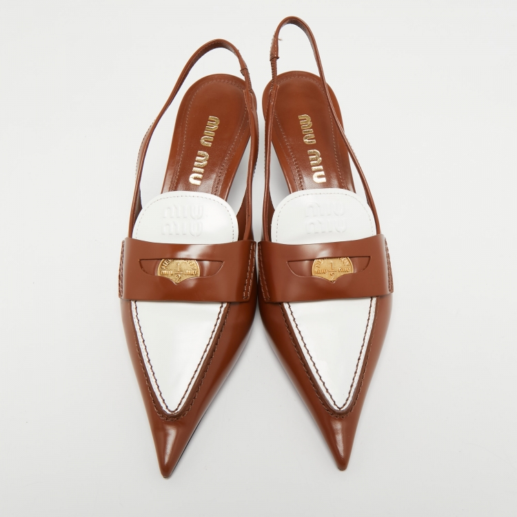 Pre Owned Miu Miu Brown Leather Slingback  Loafer Pumps Size 38