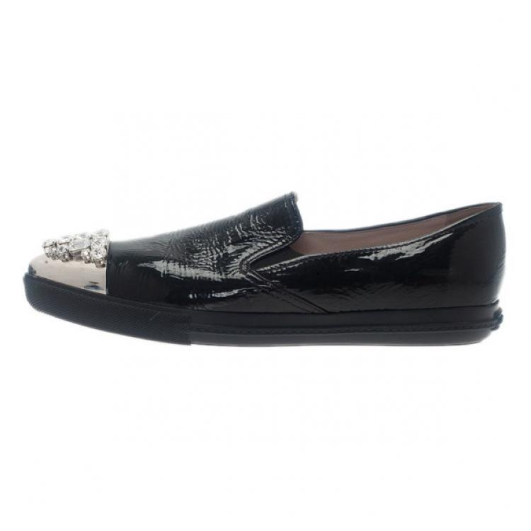 Pre Owned Miu Miu Black Leather Crystal Cap Toe Sneakers Size 42