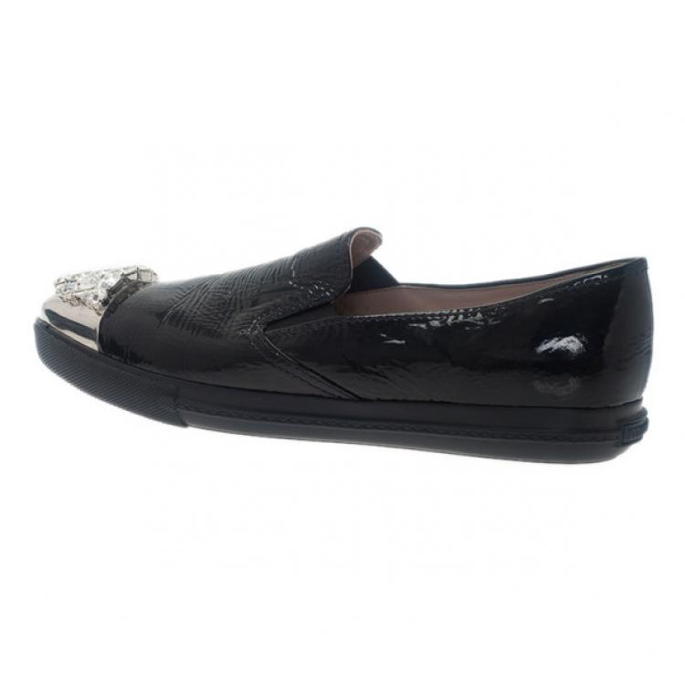 Pre Owned Miu Miu Black Leather Crystal Cap Toe Sneakers Size 42