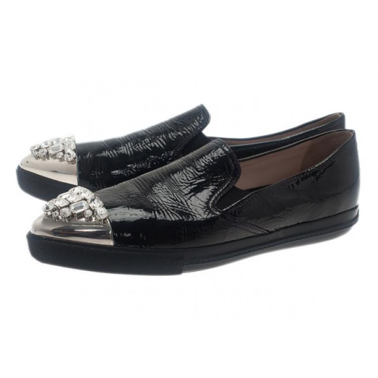 Pre Owned Miu Miu Black Leather Crystal Cap Toe Sneakers Size 42