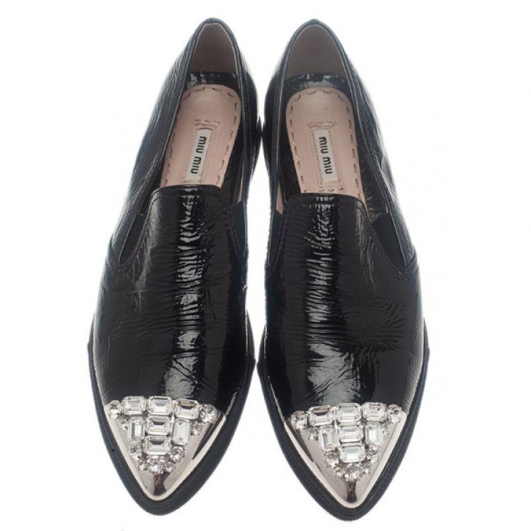 Pre Owned Miu Miu Black Leather Crystal Cap Toe Sneakers Size 42