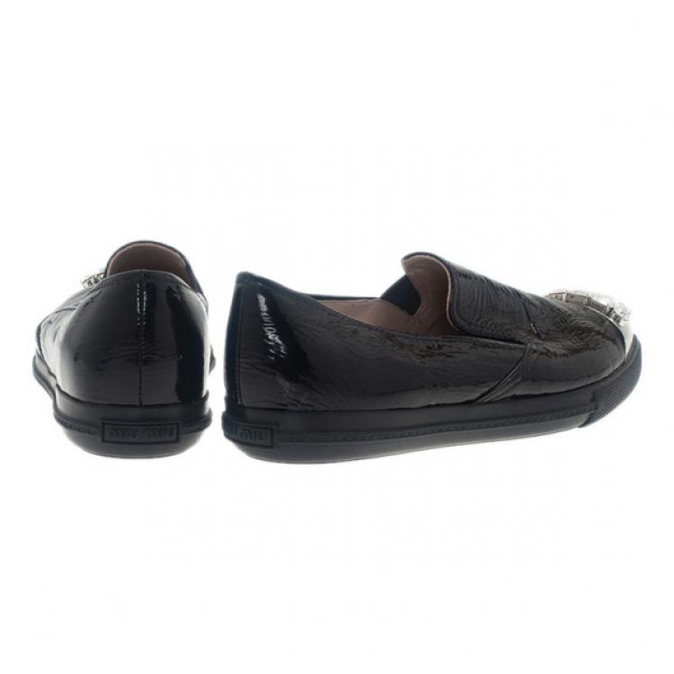 Pre Owned Miu Miu Black Leather Crystal Cap Toe Sneakers Size 42