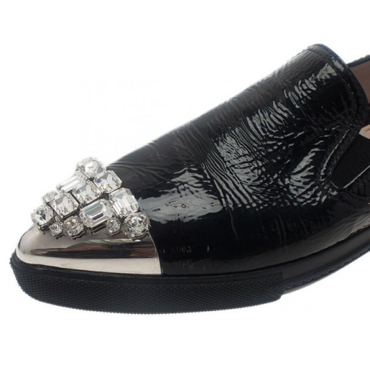 Pre Owned Miu Miu Black Leather Crystal Cap Toe Sneakers Size 42