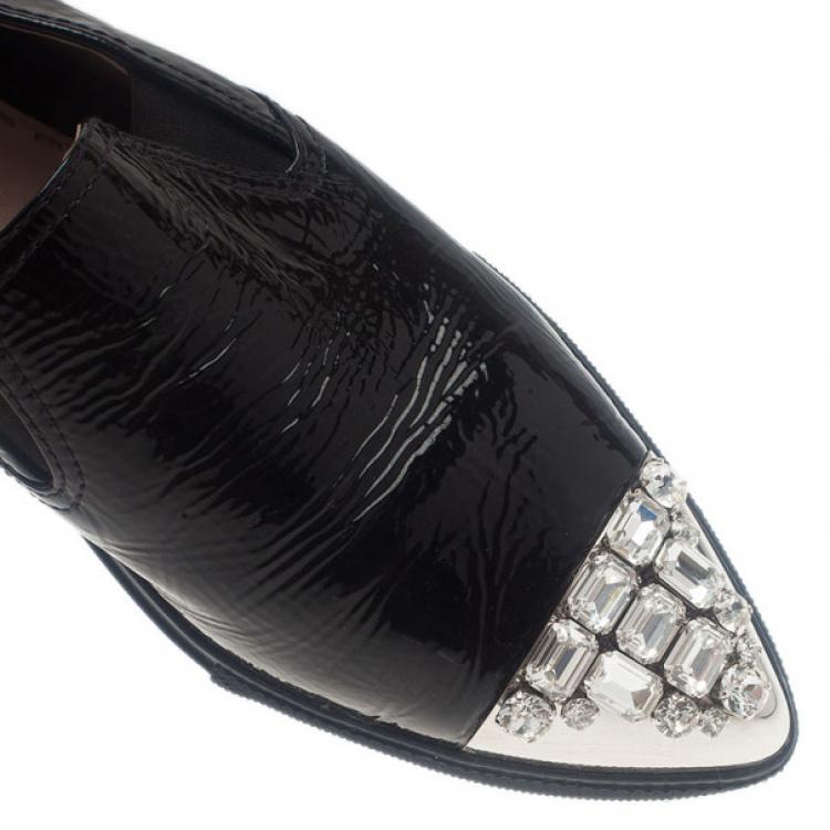 Pre Owned Miu Miu Black Leather Crystal Cap Toe Sneakers Size 42