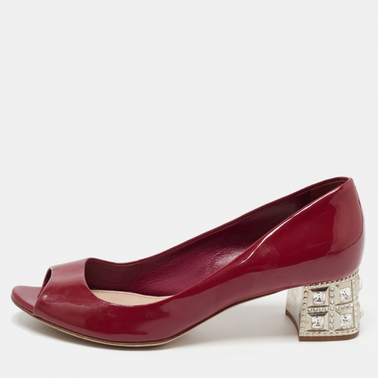 Miu Miu Burgundy Patent Leather Peep Toe Embellished Block Heel Pumps