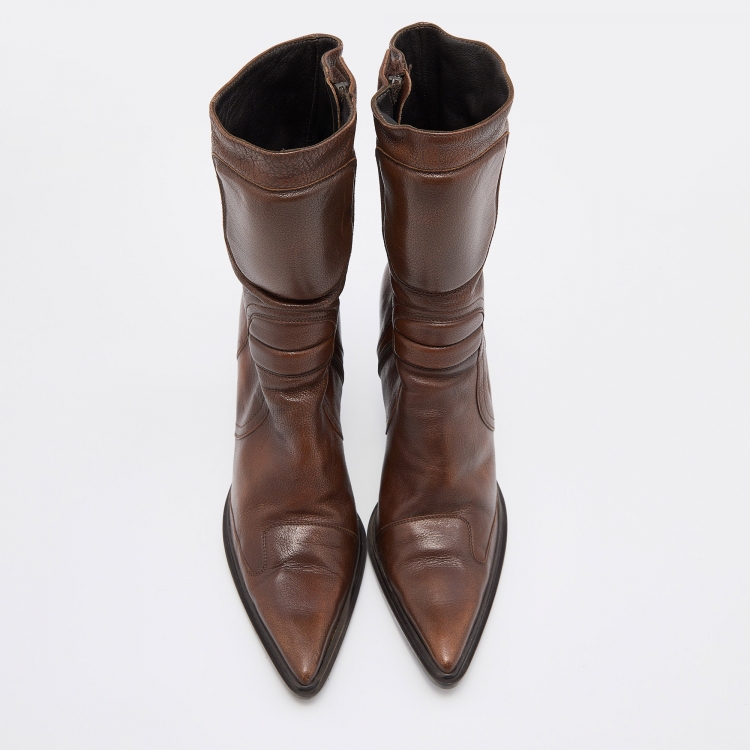 Pre Owned Miu Miu Brown Leather Mid Calf Pointed Toe Boots Size 40