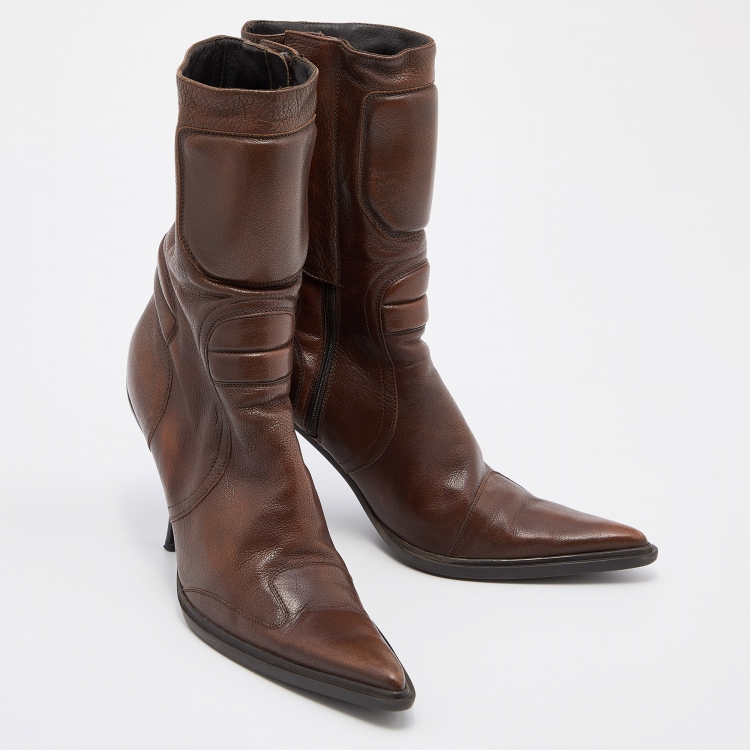 Pre Owned Miu Miu Brown Leather Mid Calf Pointed Toe Boots Size 40