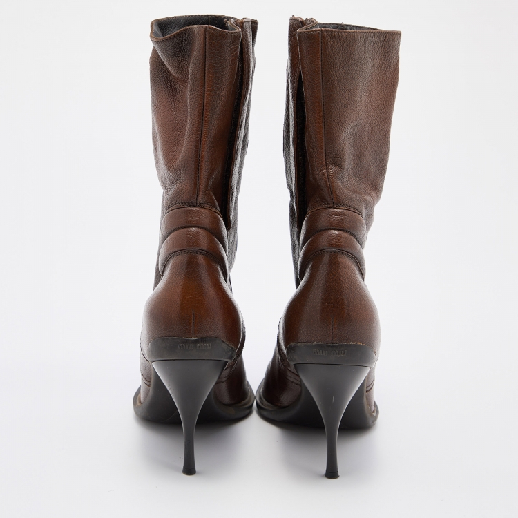 Pre Owned Miu Miu Brown Leather Mid Calf Pointed Toe Boots Size 40