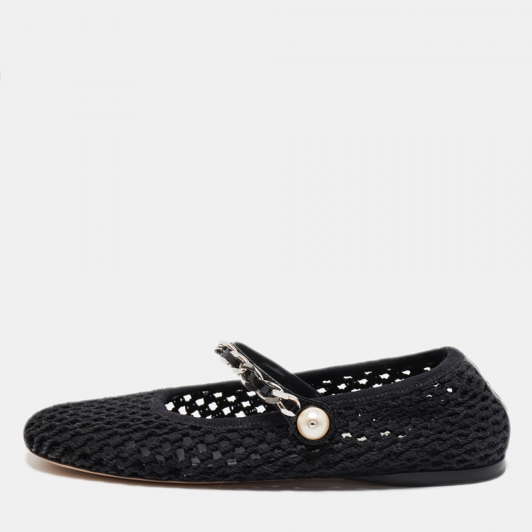 Pre Owned Miu Miu Black Mesh Mary Jane Pearl Chain Embellished Ballet Flats Size 38