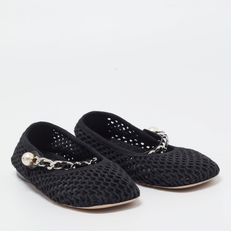 Pre Owned Miu Miu Black Mesh Mary Jane Pearl Chain Embellished Ballet Flats Size 38