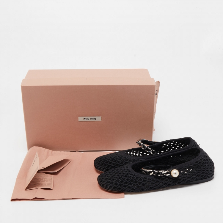Pre Owned Miu Miu Black Mesh Mary Jane Pearl Chain Embellished Ballet Flats Size 38