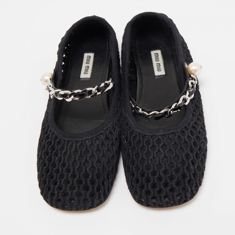Pre Owned Miu Miu Black Mesh Mary Jane Pearl Chain Embellished Ballet Flats Size 38