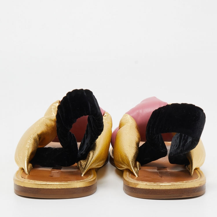 Pre Owned Miu Miu Tricolor Leather and Velvet knot Slingback Flat Sandals Size 40