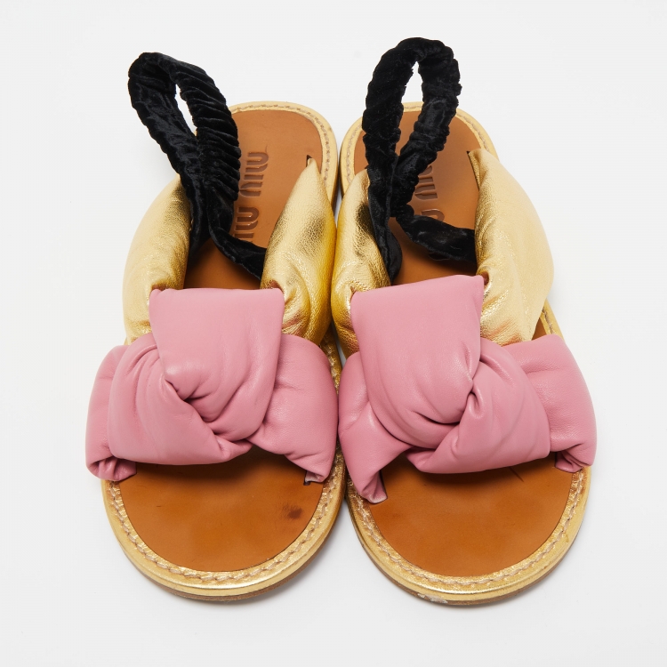 Pre Owned Miu Miu Tricolor Leather and Velvet knot Slingback Flat Sandals Size 40