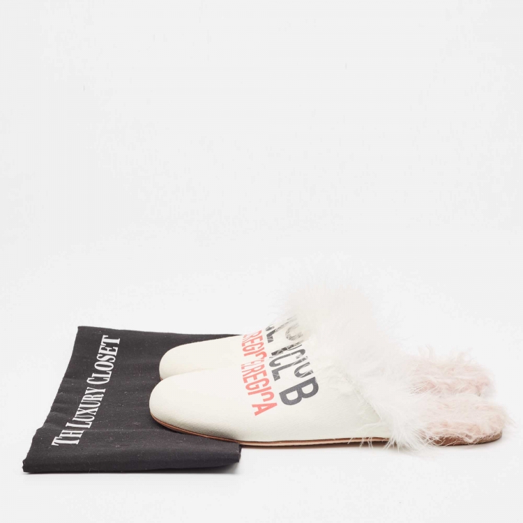 Pre Owned Miu Miu White Canvas And Fur Mule Flats Size 39