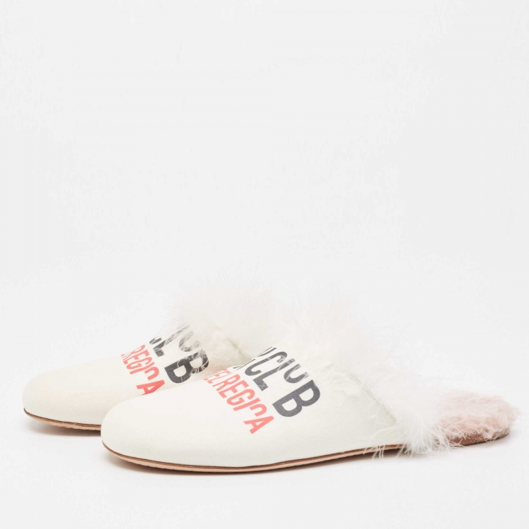 Pre Owned Miu Miu White Canvas And Fur Mule Flats Size 39
