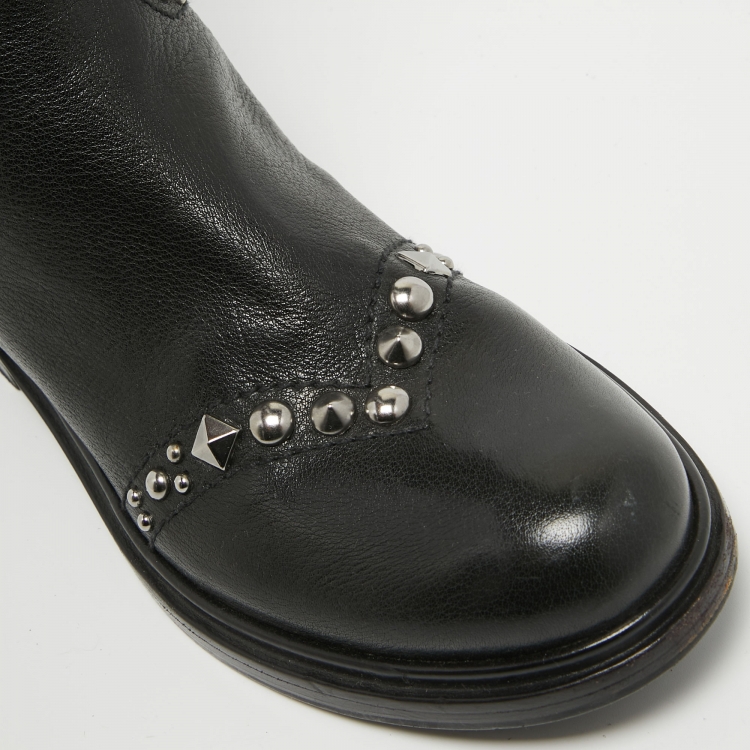 Pre Owned Miu Miu Black Leather Stud Embellished Over The Knee Boots Size 36