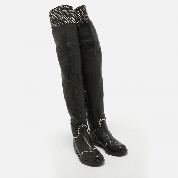 Pre Owned Miu Miu Black Leather Stud Embellished Over The Knee Boots Size 36