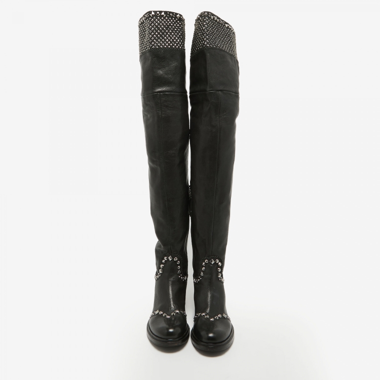 Pre Owned Miu Miu Black Leather Stud Embellished Over The Knee Boots Size 36