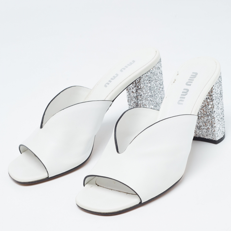 Pre Owned Miu Miu White Leather Glitter Block Heel Slide Sandals Size 40.5