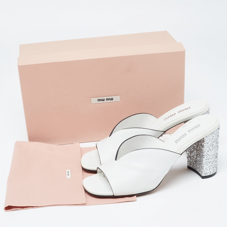 Pre Owned Miu Miu White Leather Glitter Block Heel Slide Sandals Size 40.5