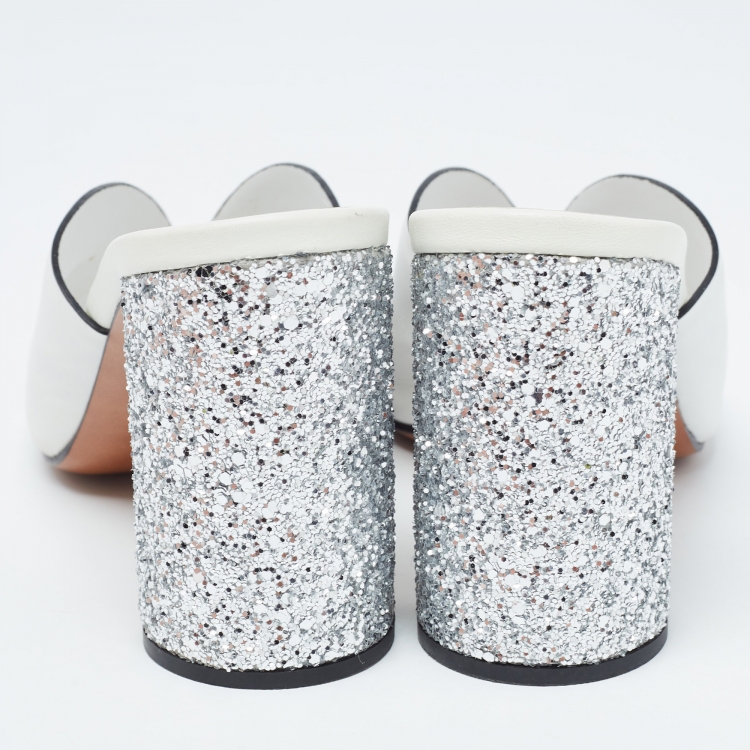 Pre Owned Miu Miu White Leather Glitter Block Heel Slide Sandals Size 40.5