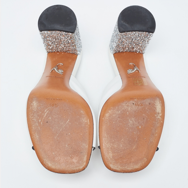 Pre Owned Miu Miu White Leather Glitter Block Heel Slide Sandals Size 40.5