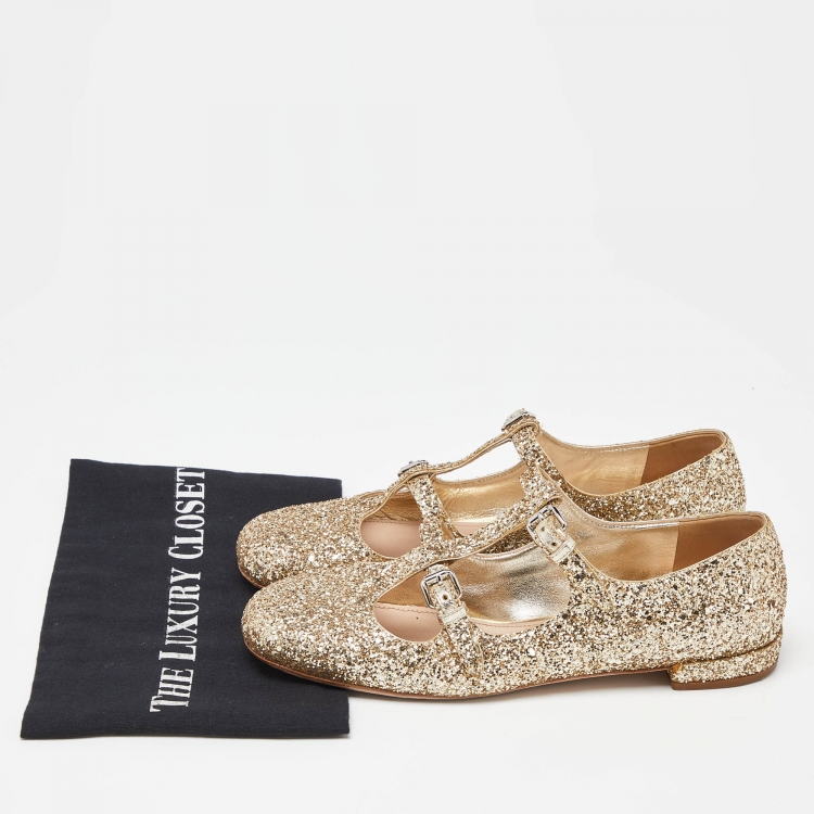 Pre Owned Miu Miu Gold Coarse Glitter Flats Size 40