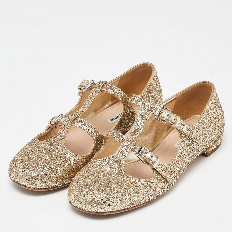 Pre Owned Miu Miu Gold Coarse Glitter Flats Size 40