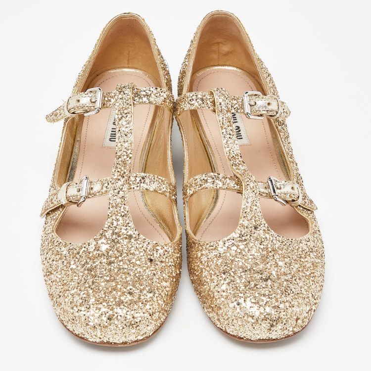Pre Owned Miu Miu Gold Coarse Glitter Flats Size 40