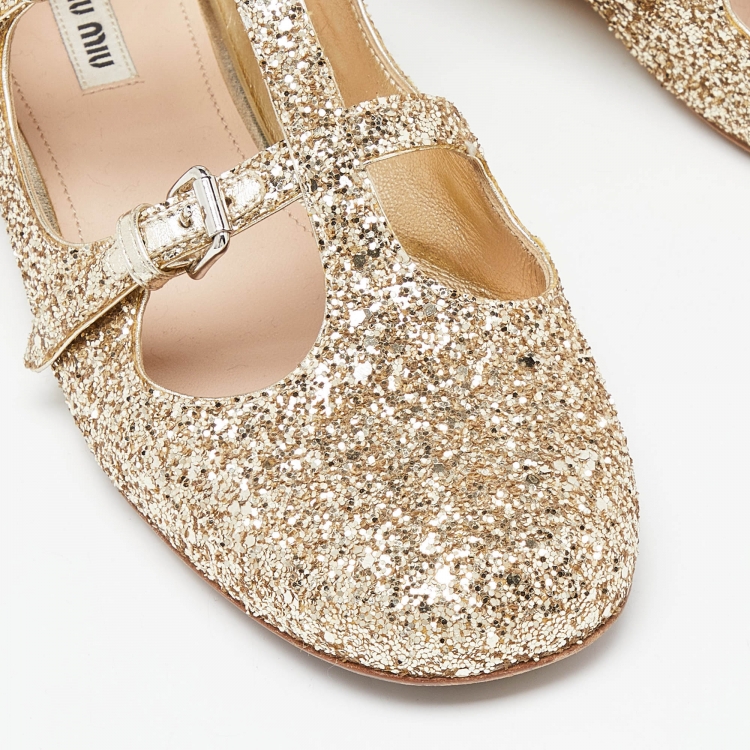 Pre Owned Miu Miu Gold Coarse Glitter Flats Size 40