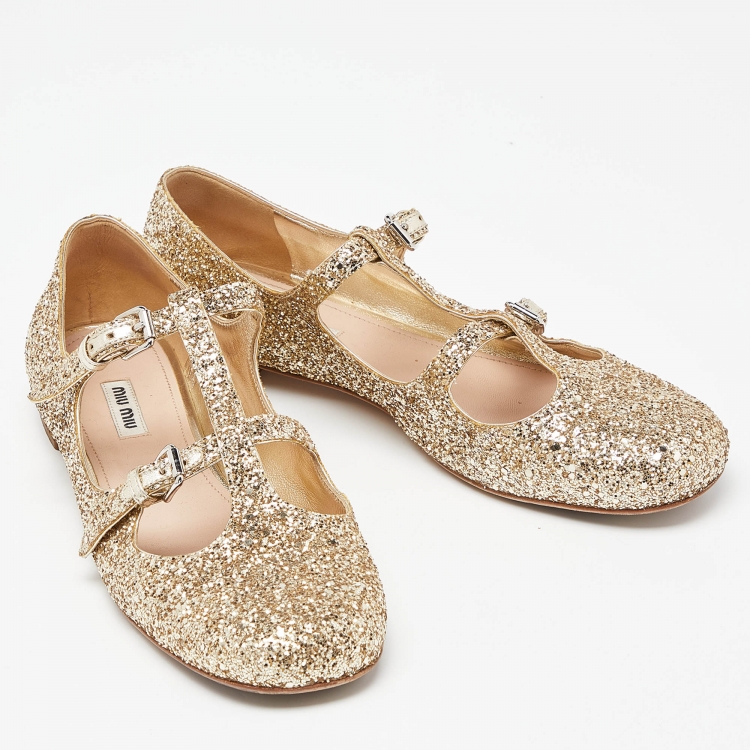 Pre Owned Miu Miu Gold Coarse Glitter Flats Size 40