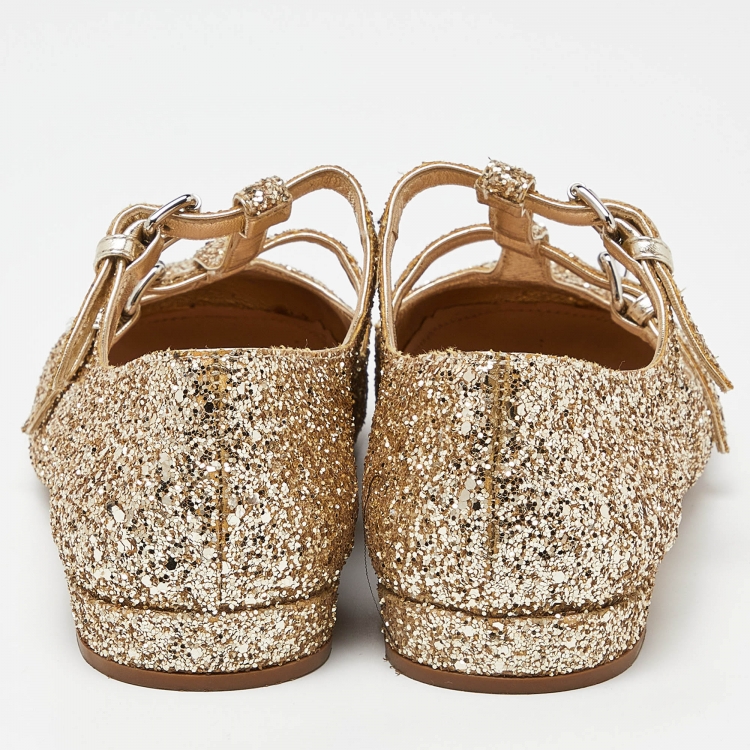 Pre Owned Miu Miu Gold Coarse Glitter Flats Size 40
