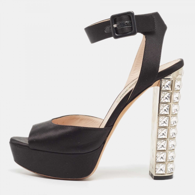 Pre Owned Miu Miu Black Satin Ankle Strap Crystal Heel Sandals Size 38