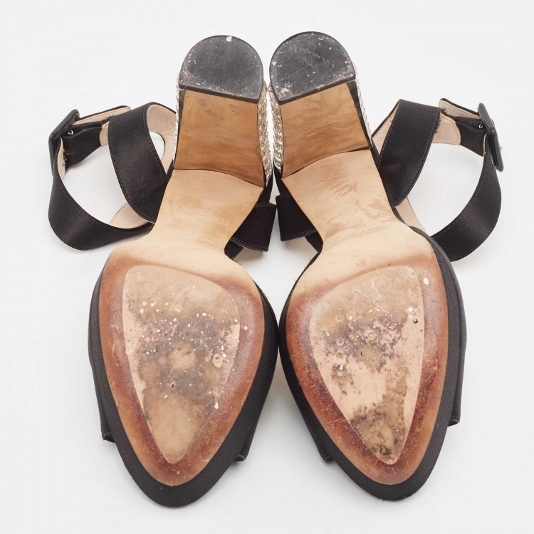Pre Owned Miu Miu Black Satin Ankle Strap Crystal Heel Sandals Size 38