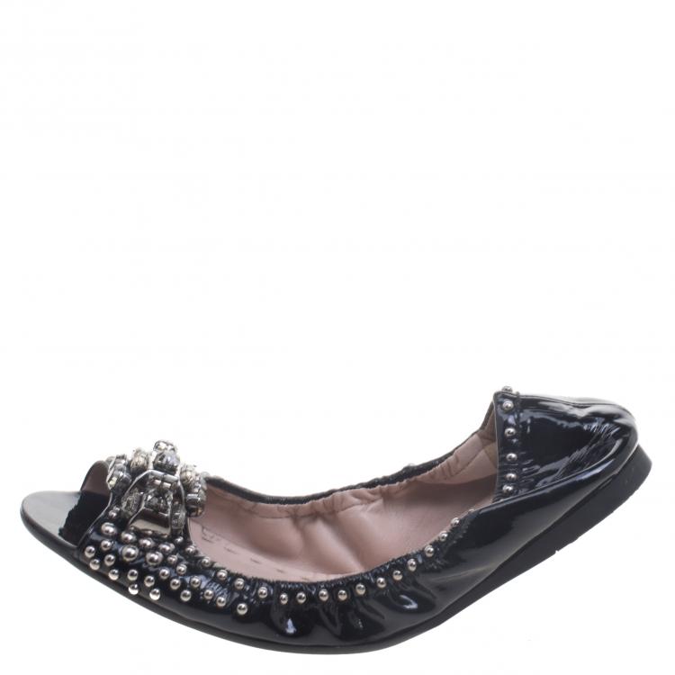 Pre Owned Miu Miu Black Studded Patent Leather Crystal Embellished Peep Toe Ballet Flats Size 38