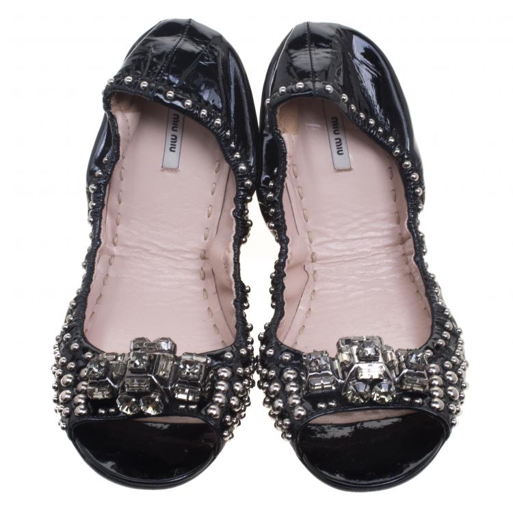 Pre Owned Miu Miu Black Studded Patent Leather Crystal Embellished Peep Toe Ballet Flats Size 38
