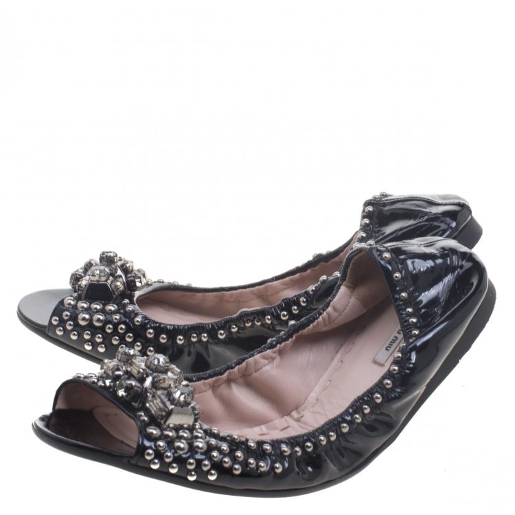 Pre Owned Miu Miu Black Studded Patent Leather Crystal Embellished Peep Toe Ballet Flats Size 38