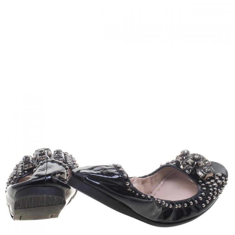 Pre Owned Miu Miu Black Studded Patent Leather Crystal Embellished Peep Toe Ballet Flats Size 38