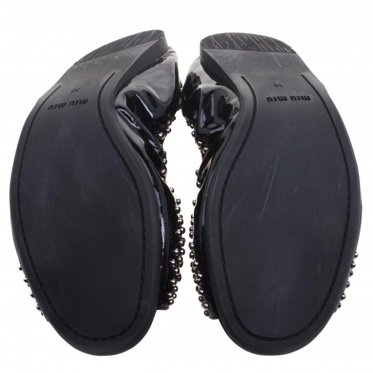 Pre Owned Miu Miu Black Studded Patent Leather Crystal Embellished Peep Toe Ballet Flats Size 38