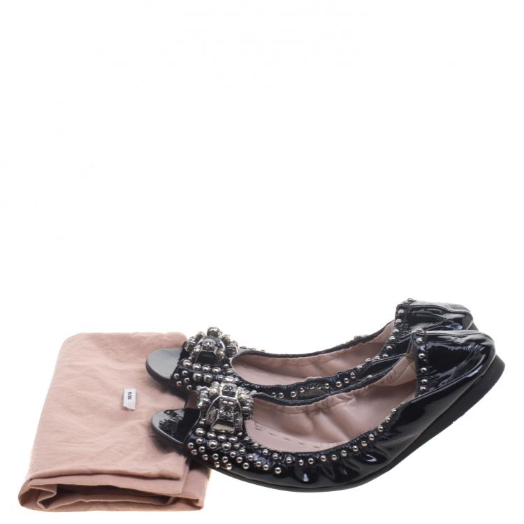 Pre Owned Miu Miu Black Studded Patent Leather Crystal Embellished Peep Toe Ballet Flats Size 38